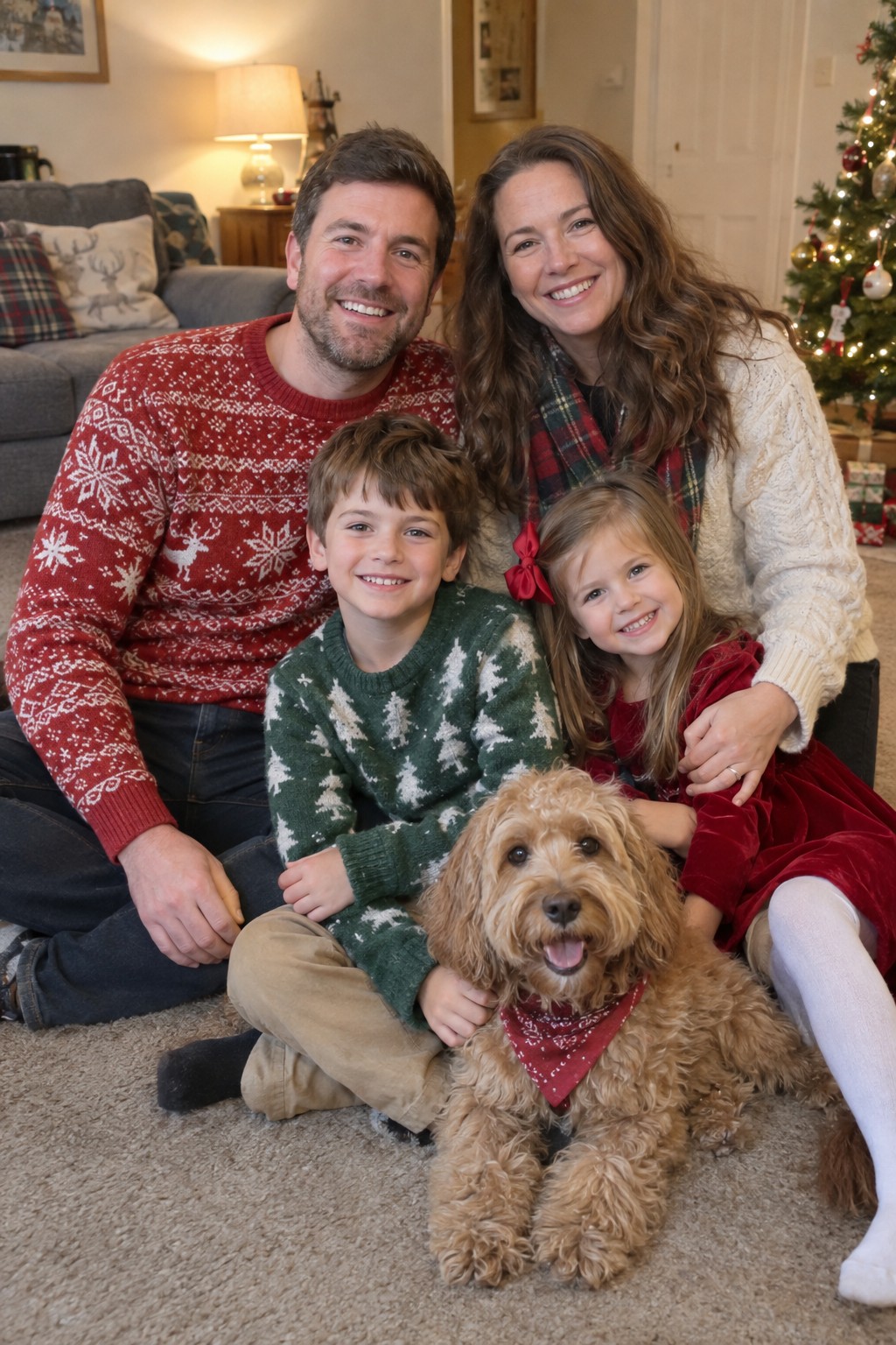 A family of four and their golden dog sitting on the floor in Christmas jumpers in a living room with a Christmas tree